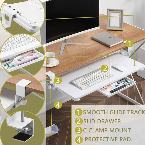 Under Desk Keyboard Tray With Clamp On Mount 19.7 By 11.81 Inches Space Saving Pull Out Keyboard Drawer For Home Office Setup