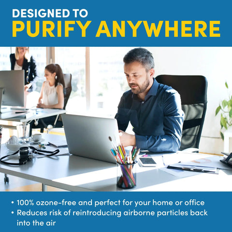 Man working at desk with focus on Must Have HEPA Filter Replacement Pack For Germ Guardian Air Purifiers 4825 4900CA 4850PT 4820