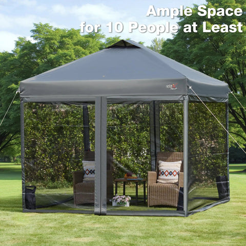 10x10 Pop Up Canopy Tent With Mosquito Netting Outdoor Portable Screen Shelter For Yard Parties Camping And Picnics Three Height Settings Roller Bag Four Sandbags Easy Setup Shade That Slaps in a garden with chairs and table inside