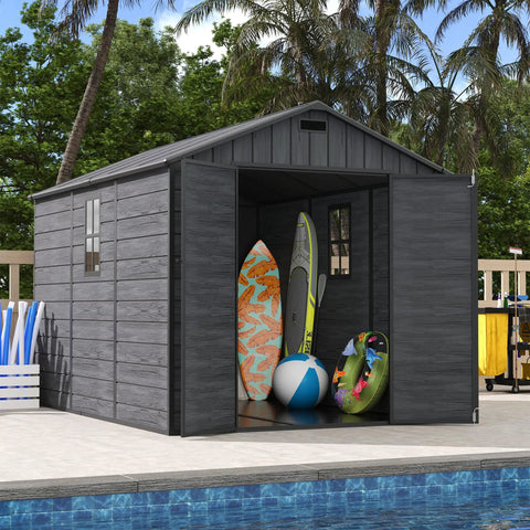 Outdoor Resin Storage Shed 8x10 Feet With Floor Durable Sturdy Plastic Garden Tool Shed For Bike And Gear Lockable Door Big Backyard Patio Storage Dark Gray by pool