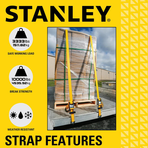 Heavy Duty Ratchet Strap 2 X 27 Feet Featuring A Tough As Nails 10000 Pound Rating double J hooks securing a pallet on a truck.