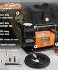 Heavy Duty Portable 12V Air Compressor Kit And Tire Inflator Beast With 150 Psi Max Pressure And 6 Point 35 Cfm Flow viewed with accessories and tool bag.