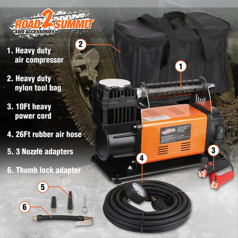 Heavy Duty Portable 12V Air Compressor Kit And Tire Inflator Beast With 150 Psi Max Pressure And 6 Point 35 Cfm Flow viewed with accessories and tool bag.