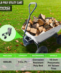 Heavy Duty Garden Cart That Is A Workhorse With 600 Lb Capacity And 4 Cu Ft Bed Front Handle Quick Release Dump Wagon 45 Degree Dump Steel Frame 10 Inch All Terrain Wheels Perfect For Soil Mulch Firewood And Yard Debris loaded with firewood on grass