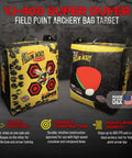 Outdoor Field Point Bow Target Block Bag Built For High Speed Compound Bows And Crossbows Dual Face Archery Target Beast Mode Ready With Deer Vitals On Back Rugged Durable Foam For Practice At Up To 400 FPS Yellow. Target bags feature deer vitals and bullseyes.