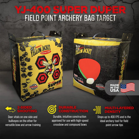 Outdoor Field Point Bow Target Block Bag Built For High Speed Compound Bows And Crossbows Dual Face Archery Target Beast Mode Ready With Deer Vitals On Back Rugged Durable Foam For Practice At Up To 400 FPS Yellow. Target bags feature deer vitals and bullseyes.