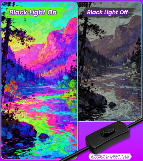 LED Black Light Bar Kit 42W 6 Pack With 6Ft Cable Switch And Plug For Large Area Lit Glow Party Lighting Ideal For Halloween Fluorescent Posters Body Paint Birthday Celebrations Classroom And Bedroom Neon Decor with vibrant landscape comparison of black light on and off