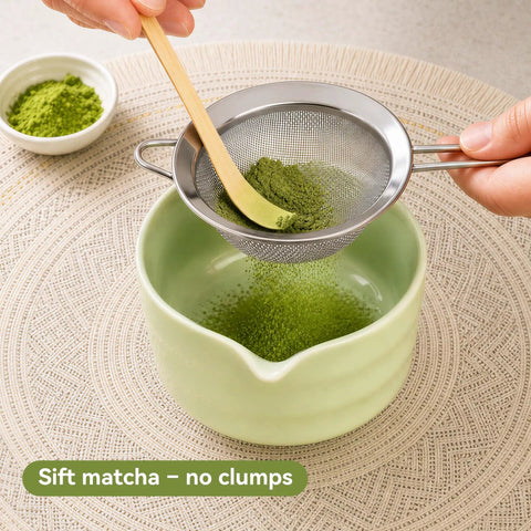 Complete Five Piece Matcha Making Kit With Bamboo Whisk Chasen, Ceramic Bowl, Whisk Holder, Stainless Steel Sifter And Scoop