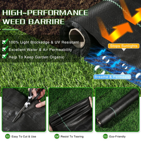 Heavy Duty Weed Barrier Landscape Fabric 2.6 Ft By 100 Ft Thick Garden Blocker Cloth Weed Mats for Weed Control shown in use with scissors
