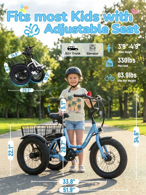 Kid Electric Tricycle With Three Wheels For Stability Fat 16x3 Tires 500W Peak Motor 378Wh Battery Top Speed 12.5 MPH Foldable Frame Beginner Friendly For Kids Ages 6 Plus Blue For Outdoors with child rider