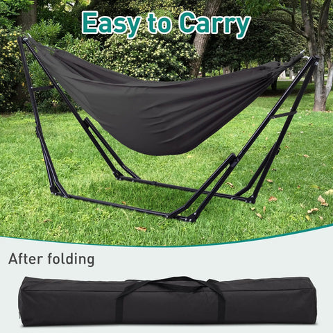 Two In One Hammock And Swing Chair With Foldable Stand Carrying Bag Grab And Go Portable Outdoor Chair Gray on grass