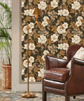 Room with fresh black and brown vintage floral peel and stick wallpaper removable contact paper for cabinets and drawers renter friendly.