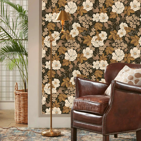 Room with fresh black and brown vintage floral peel and stick wallpaper removable contact paper for cabinets and drawers renter friendly.