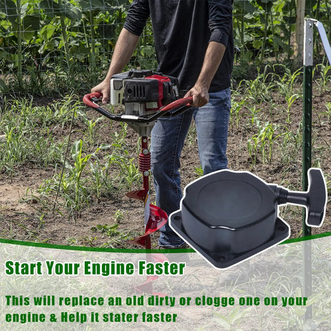 Person using earth auger with Pull Start Recoil Starter Pack Of 2 For Earth Augers And Tillers Compatible With Predator MC43 52cc 2HP.