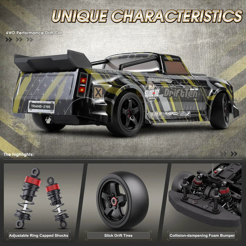 1/18 Scale Drift RC Car With Gyro And 2.4GHz Remote 28 KmH Top Speed RTR 4x4 Electric Vehicle Dual Battery Pack shown with features