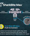 Game Changer Dual Shut Off Quarter Turn Ball Valve With Push To Connect Brass Fittings And Chrome Finish For Pex Copper Cpvc Pipes Quick Wet Line Hookup No Sweat Install Smooth Flow Control shown from front, featuring dual 3/8 inch outlets.