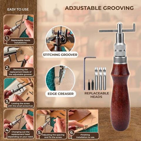 Leather Working Kit All In One Tools Set For Belts Bags Wallets Shoes And Crafts with grooving tool and replaceable heads
