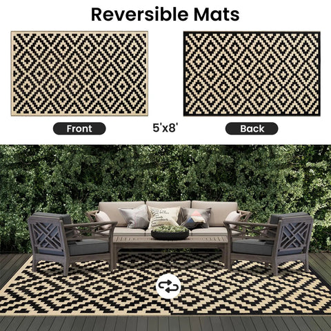 Waterproof Outdoor Rug 5x8 Ft Reversible Plastic Straw Pattern Patio Camping Mat for outdoor deck black and beige design
