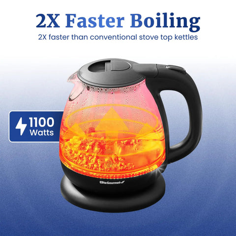 Fast Boil 1 Liter Glass Electric Kettle Cordless 360 Degree Base BPA Free 1100W With Auto Shutoff Blue LED Interior