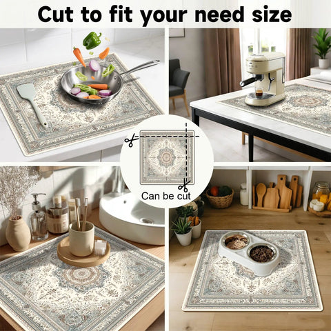 Two Pack Washer And Dryer Top Mats 25.6 By 25.6 Inches Non Slip Quick Dry Top Protectors For Laundry Room And Kitchen Beige Vintage Persian Pattern Shielding Scratches From Detergent Bottles And Spills used for countertop protection.