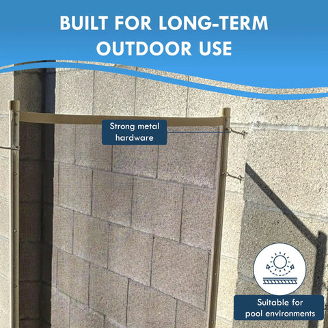 Hella Sturdy Pool Fence Wall Mount Kit For Inground Swimming Pools Featuring Rock Solid Heavy Duty Steel Anchors For Brick Or Wood and Super Easy No Fuss DIY Mesh Safety Fencing Installation, showing strong metal hardware and mesh.