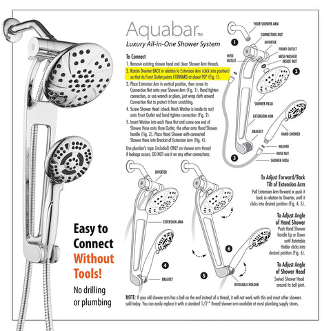 Diagram of High-Pressure 3-Way Shower Spa Combo With Adjustable 18-Inch Extension Arm, featuring chrome finish and installation instructions.