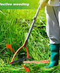 Person using Heavy Duty Weed Cutter With Serrated Double Edged Blade And 30 Inch Steel Handle Manual Grass Whip For Tackling Overgrown Weeds In The Yard Garden Field Or Ditches Durable Orange Tool in green field