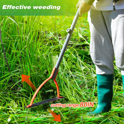 Person using Heavy Duty Weed Cutter With Serrated Double Edged Blade And 30 Inch Steel Handle Manual Grass Whip For Tackling Overgrown Weeds In The Yard Garden Field Or Ditches Durable Orange Tool in green field