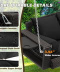 Close-up of Wicker Hanging Porch Swing For Outdoor Patio 3 Seat Bench With Cushions And Chains Cup Holder Garden Lawn