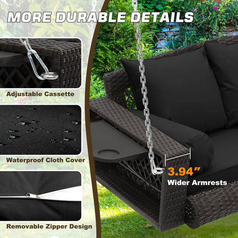 Close-up of Wicker Hanging Porch Swing For Outdoor Patio 3 Seat Bench With Cushions And Chains Cup Holder Garden Lawn