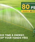 Heavy Duty Lawn Sprinkler On Tripod Base With 360 Degree Coverage Reaches 45 Feet At 80 PSI spraying water on grass