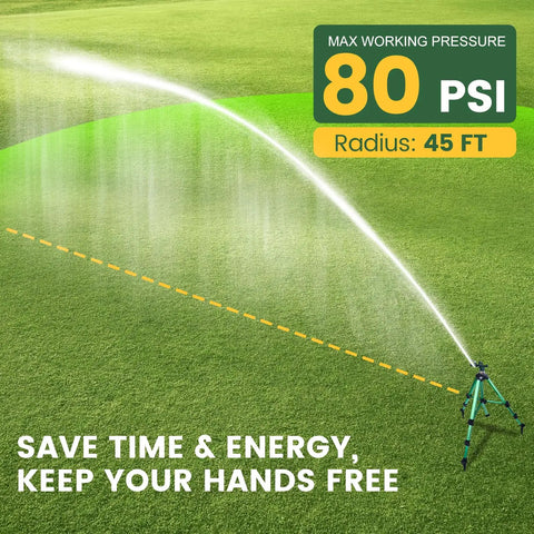 Heavy Duty Lawn Sprinkler On Tripod Base With 360 Degree Coverage Reaches 45 Feet At 80 PSI spraying water on grass