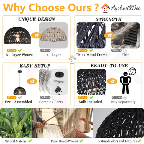 Comparison chart of Black Woven Pendant Light Boho Chandelier With Wicker And Rattan Dome Pendant features versus competitors.