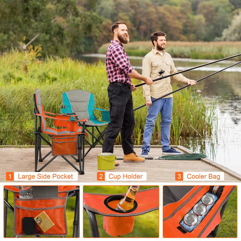 Two Pack Padded Oversized Camping Chairs For Adults With Cup Holder Cooler Bag And Side Pocket Folding Portable Lawn Chairs For Outdoor Picnics And Hiking Built Tough Heavy Duty Support Up To 400 Lbs Orange And Blue.