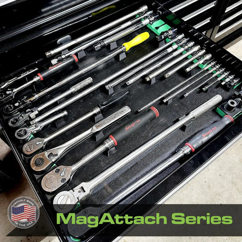 MagAttach Ratchet Organizer Kit 3 Piece Tool Tray Set Blue and Black for Drawer Organization Keeps Tools From Slipping, Easy Access, Improves Productivity for DIYers and Pros displayed in a drawer with tools.