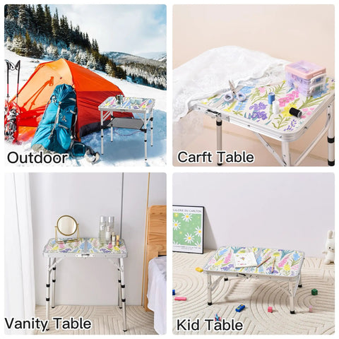 Foldable Camping Table 24 By 16 Inch Surface With Adjustable Heights 10 19 And 24 Inches Lightweight Aluminum Table With Carry Handle For Outdoor Indoor Use Perfect For Camping Beach BBQ And Hiking Floral Style shown in various settings