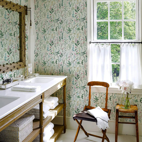 Peel And Stick Floral Wallpaper Vinyl Roll Easy Install 17.3 Inch Wide By 393.7 Inch Long Covers 47.4 Sq Ft For Kitchen Cabinets And Furniture Vintage Flower Pattern DIY Friendly Renter Approved in bathroom setting.