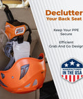 All In One PPE Organizer For Hard Hats With Magnetic Backing, Belt Clip And Hook, on car seat, bright orange caddy
