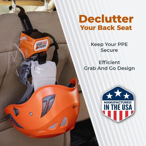 All In One PPE Organizer For Hard Hats With Magnetic Backing, Belt Clip And Hook, on car seat, bright orange caddy