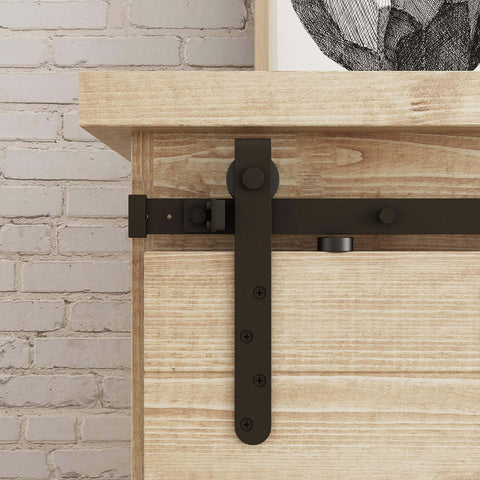 Close-up of a 6 Ft Mini Cabinet Barn Door Hardware Kit Sliding Double Door DIY Friendly Finish In Oil Rubbed Bronze