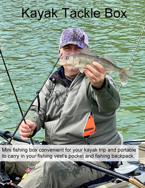 Man holding fish with Small Kayak Tackle Box Waterproof Mini Lure Box while kayak fishing.