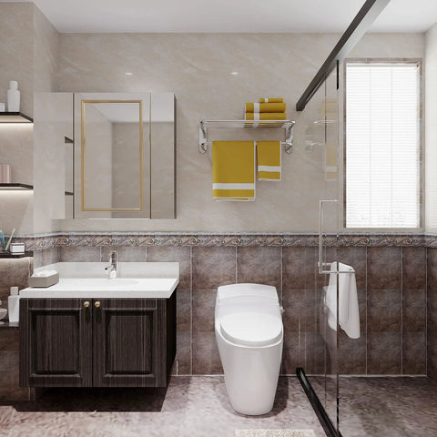 Bathroom interior with 18 Inch Bathroom Towel Rack With Top Shelf And Bar Chrome Finish Wall Mount Solid Stainless Steel Zinc Alloy Rustproof Bath Storage over toilet.