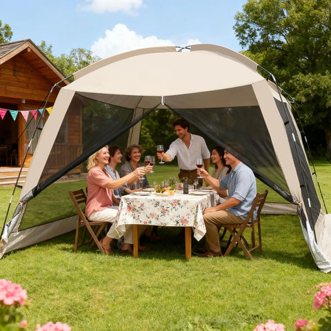 12 X 12 Ft Camping Screen Tent For 8 To 10 People, Easy Setup Mosquito Net Canopy, UV Resistant Sun Shelter in backyard setup
