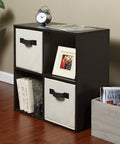 Espresso 4 Cube Organizer Desk With Built In USB Charging Hub And Dual Plug Charger, showcasing cube storage with decor items.