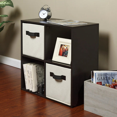 Espresso 4 Cube Organizer Desk With Built In USB Charging Hub And Dual Plug Charger, showcasing cube storage with decor items.