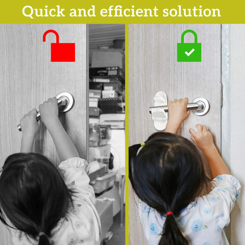 Child trying to open door on left with One Hand Use Door Lever Lock For Toddlers 1 Pack Easy Install on right with green lock symbol