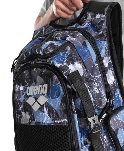Close-up of All Set Multisport Swim Backpack for Gym and Training 45L Large Capacity Rucksack with black and blue design