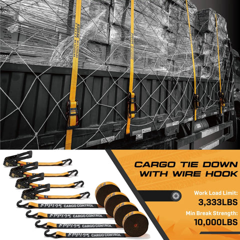 4 pack heavy duty ratchet tie down straps with wired J hooks 2 inch by 27 foot 10,000 lbs break strength securing cargo on truck