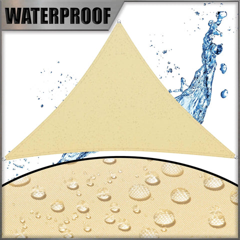 12 Ft By 12 Ft By 12 Ft Beige Triangle Sun Shade Sail Waterproof UPF50 Plus Water Resistant Outdoor Canopy with water droplets