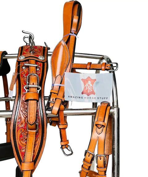 Three Tone Leather Horse Driving Harness with stainless steel, natural brown red finish, Shetland size, premium craftsmanship.